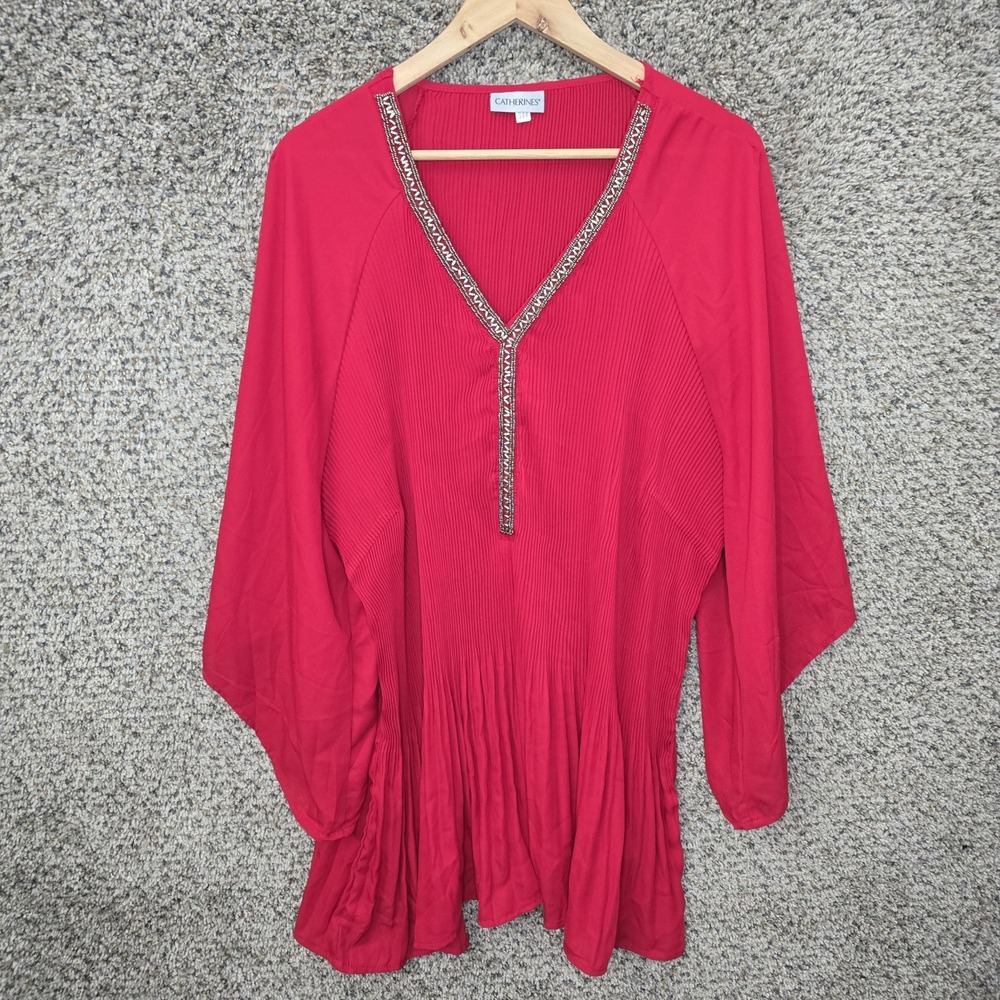 Catherines Top Womens Plus 3X Red V‎ Neck Pleated Sheer Blouse Casual Ladies